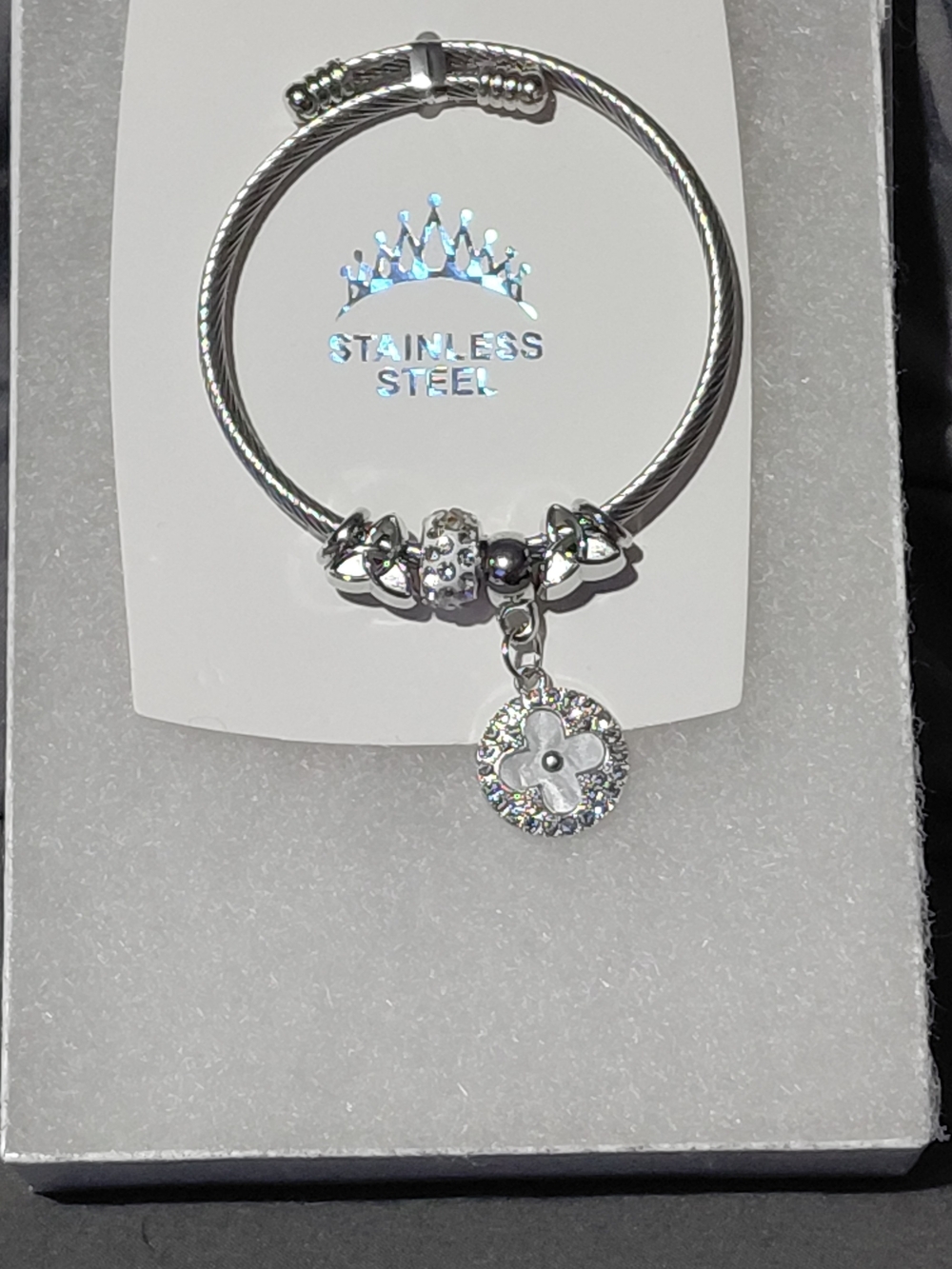 Silver Charm Bracelet with Sparkling Flower Pendant